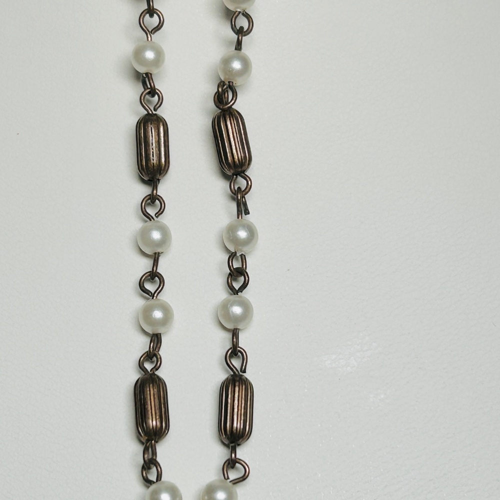 Vintage Quartz Agate Slice, Druzy, Brass Beaded and Faux Pearl Pendant Necklace - Picture 7 of 14
